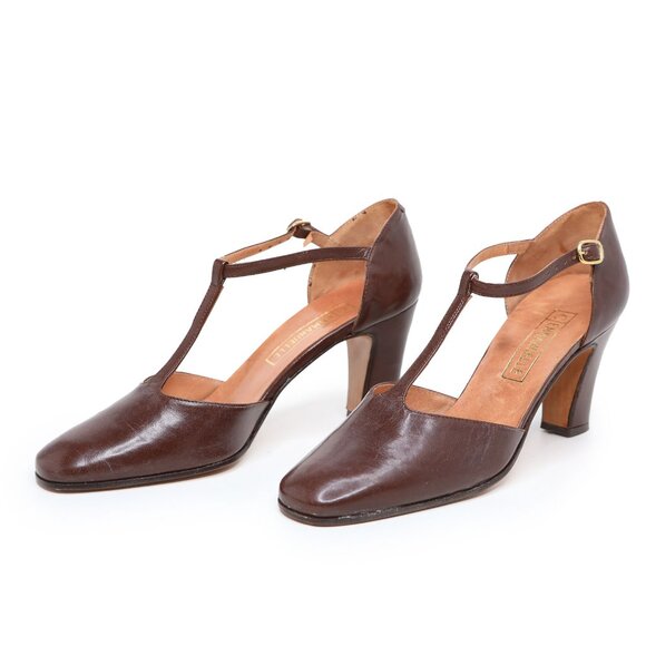 Vintage Emanuelle Brown Leather T-Strap Pumps 80s Chunky Heels Retro Granny - Picture 2 of 12